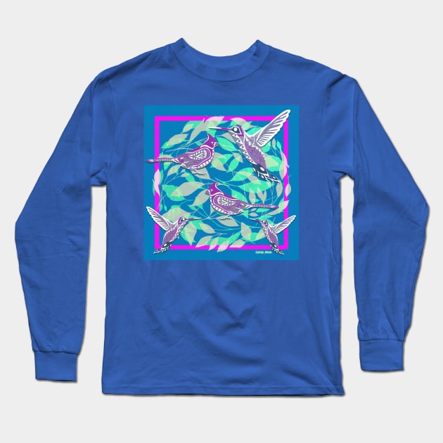 hummingbirds and blue cardinals in lovely arts ecopop Long Sleeve T-Shirt by jorge_lebeau